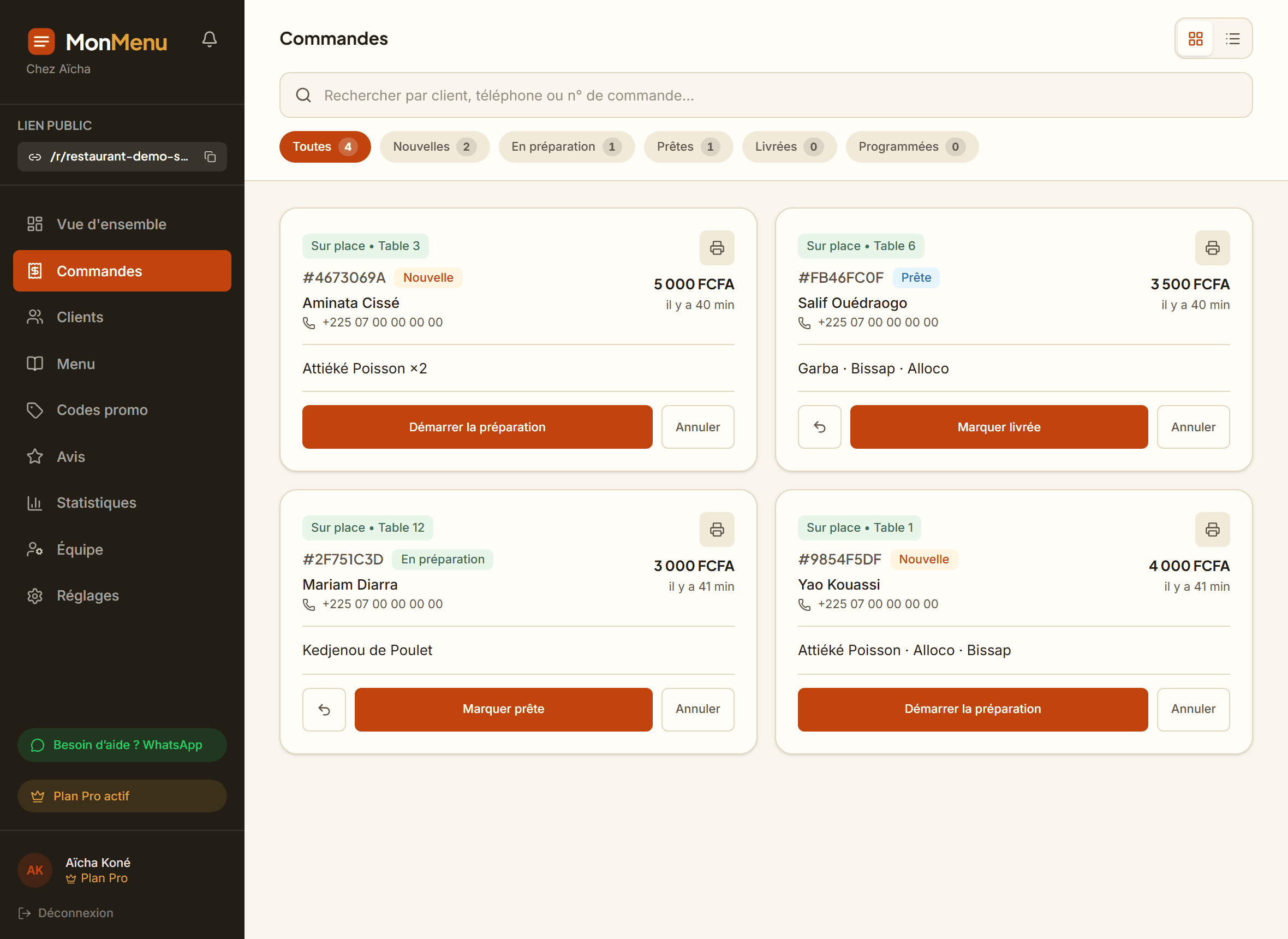 Le tableau de bord des commandes MonMenu, avec des commandes en cours de préparation