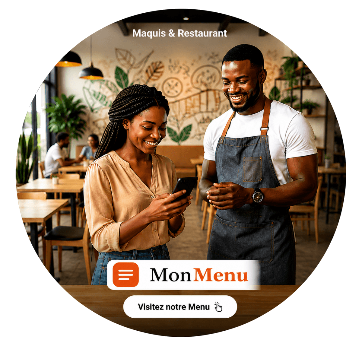 Un restaurateur et sa cliente consultent le menu MonMenu depuis leur téléphone