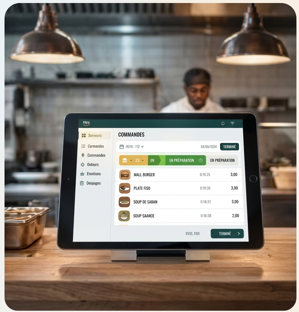 Une tablette affichant le tableau de bord des commandes MonMenu dans une cuisine