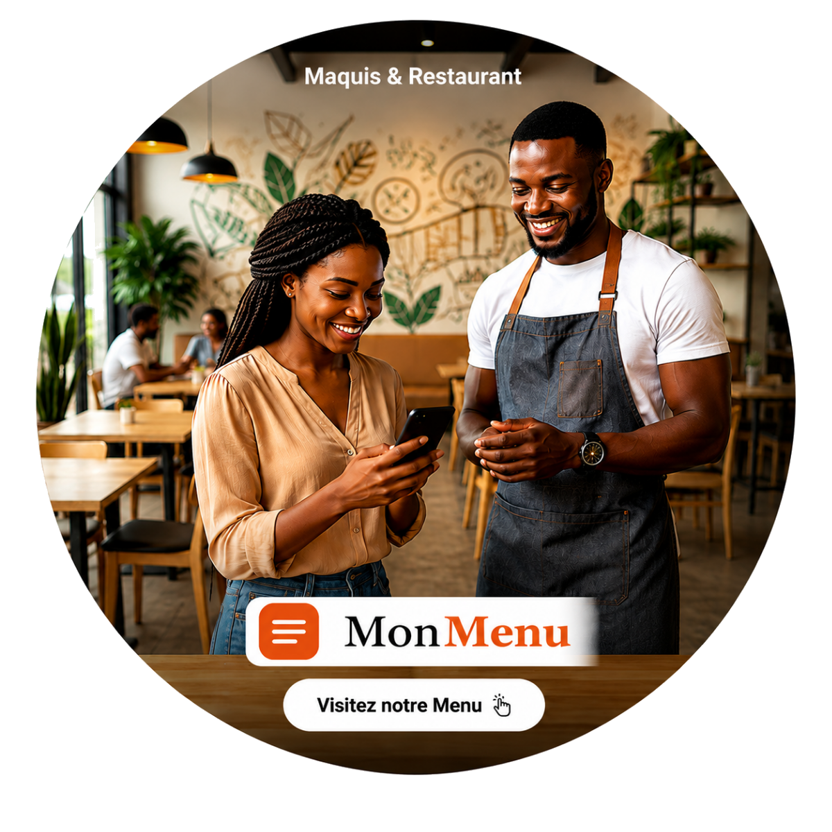 Un restaurateur et sa cliente consultent le menu MonMenu depuis leur téléphone