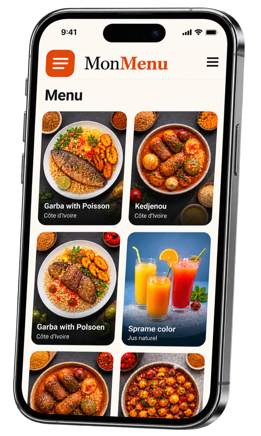 Aperçu de l'application MonMenu sur smartphone